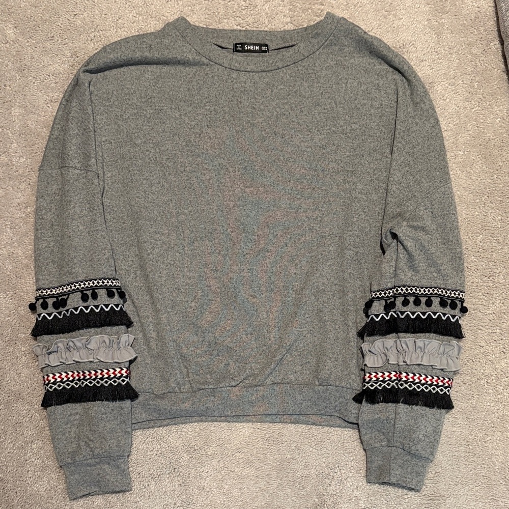 SHEIN Gray Sweater with Embellished Sleeves